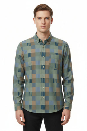 Olive green Tresca cotton shirting fabric by Arvind, showcasing smooth unstitched fabric with subtle texture for tailored shirts.