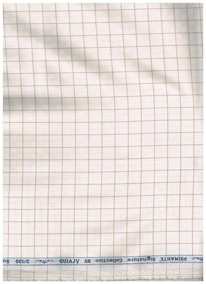 Brown cotton checks shirting fabric by Arvind Primante, featuring a classic check pattern for stylish men's shirts.