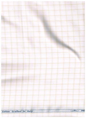 Beige and white check cotton shirting fabric by ARVIND Primante, featuring a classic pattern suitable for shirts.