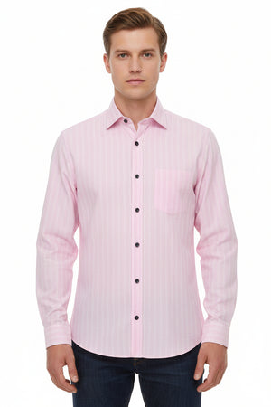 Pink Arvind cotton shirting fabric with a smooth weave, ideal for shirts and tailoring, shown in a close-up view.