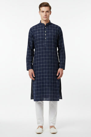 Navy blue Tresca cotton checks shirting fabric by Arvind, unstitched textile with classic pattern and soft texture.
