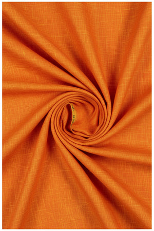 Raymond ARVIND linen plain unstitched shirting fabric in orange, showing the soft, woven textile texture and vibrant color.