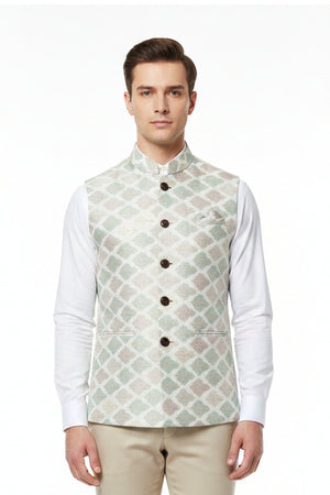 Beige Raymond unstitched poly viscose jacquard sherwani and Modi jacket fabric with intricate pattern details, suitable for traditional wear.