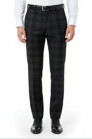 Raymond charcoal grey unstitched poly wool trouser and suiting fabric, ideal for custom suits or trousers, shown in close-up.