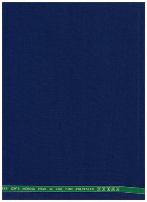 Royal blue Raymond polywool fabric for trousers and suiting, showing luxurious unstitched textile with detailed weave.