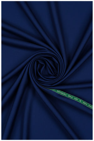 Royal blue Raymond polywool fabric for unstitched trousers and suitings, showing a close-up of the textured textile.
