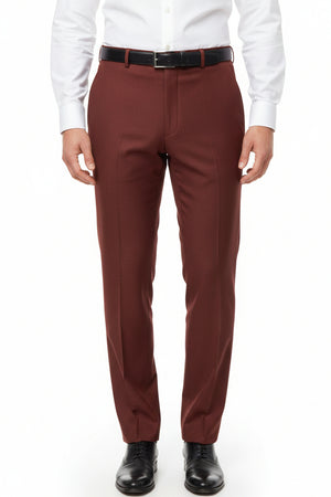 Rust red Roberto Cavali 140's poly wool trouser and suiting fabric shown in this image.