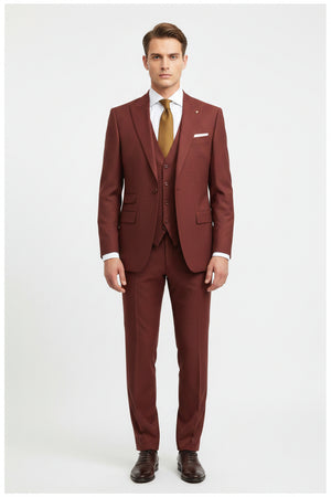 Rust red Roberto Cavali 140's poly wool trouser and suiting fabric, showing the textured fabric close-up.