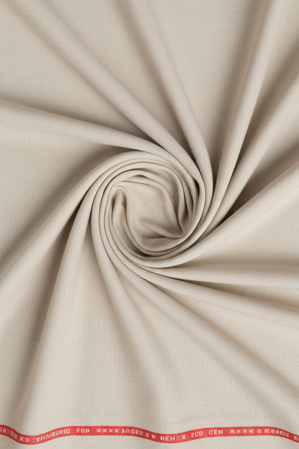 Raymond ivory wool blend suiting fabric swatch, showcasing textured poly wool material for tailored garments.