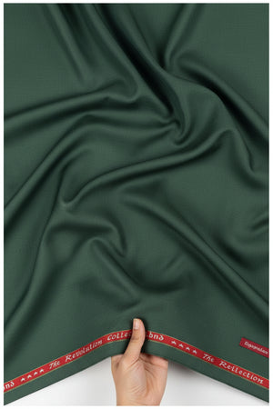 Raymond Jade Green checks polywool fabric for trousers and suiting, showing a close-up of the woven checked pattern.