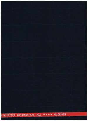 Navy blue Raymond Super 120's poly wool check trousers fabric showing a detailed pattern of checks in a close-up view.
