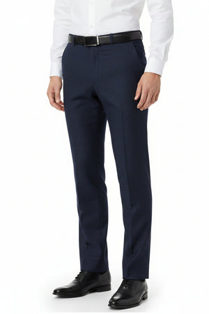 Navy blue Raymond Unstitched Checks Super 120’s Poly Wool Trousers Fabric, close-up of patterned fabric texture for tailoring.
