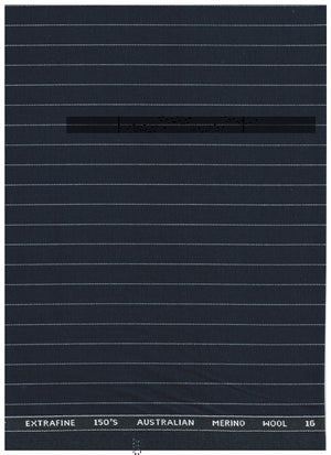 White striped on grey Menzoni 150's Italian poly wool trouser fabric from Mensfabric, close-up of woven textile pattern.