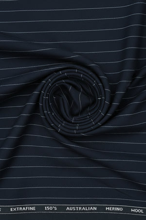 White striped Italian poly wool trouser fabric from Menzoni 150's collection, shown in a close-up of the textured textile.