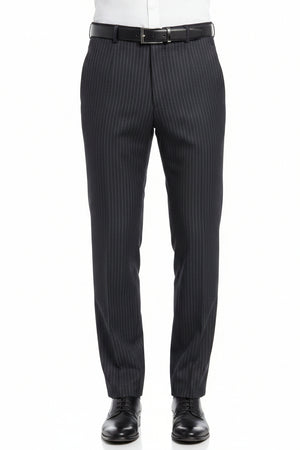 White striped Italian poly wool trouser fabric by Menzoni 150's, suitable for tailored suits and formalwear.