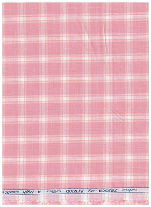 Pink Tresca cotton checks shirting fabric by Arvind, showcasing a soft, unstitched textile with classic check pattern.