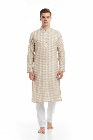 Beige Tresca cotton checks shirting fabric by ARVIND, featuring a luxurious unstitched cotton material with a checked pattern.