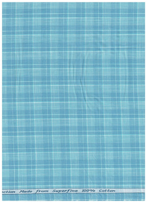 Unstitched Tresca cotton checks shirting fabric by Arvind in clear blue with a lightweight, soft checkered pattern.