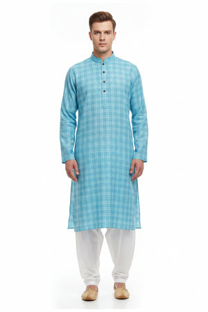 Clear blue Tresca cotton checks shirting fabric by Arvind, showcasing a soft, woven textile with a checkered pattern.