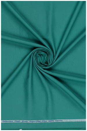 Teal green Arvind Tresca shirt fabric made from Giza cotton, detailed close-up showing textured textile and high-quality material.