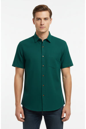 Peacock green Arvind Zinia shirt fabric in Giza cotton satin, showcasing smooth, luxurious textile with detailed texture.