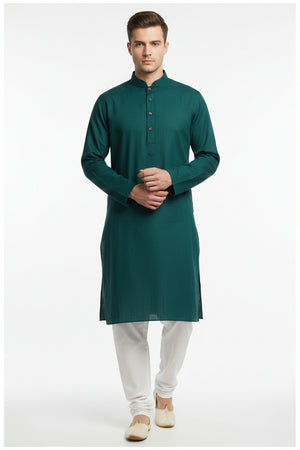 Peacock green Arvind Zinia shirt fabric made from Giza cotton satin, showing smooth, shiny textile with detailed fabric texture.