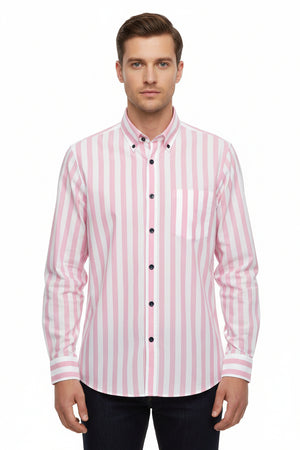 Pink and white striped Arvind Tresca cotton unstitched shirting fabric, close-up showing soft woven texture and fabric pattern.