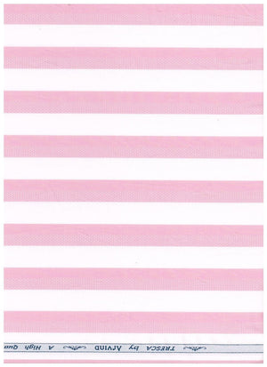 Pink and white striped Arvind Tresca Giza cotton shirting fabric, showing a close-up of the textured striped pattern.