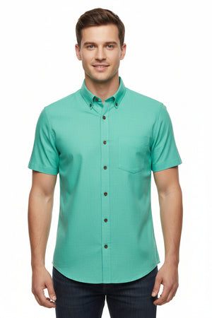 Neon green Arvind Tresca cotton unstitched shirting fabric, detailed close-up showing soft texture and vibrant color.