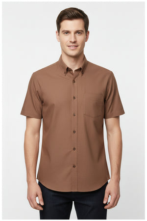 Arvind Zinia Giza cotton satin shirting fabric in saddle brown with smooth, shiny satin finish and elegant drape.