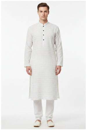 Beige Tresca cotton checks shirting fabric by Arvind, close-up of woven textile with check pattern and soft texture.