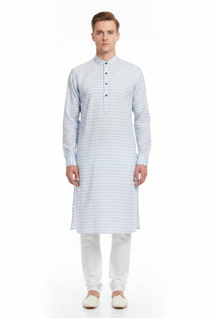 White and blue Arvind Checks Tresca cotton shirting fabric with a classic check pattern.