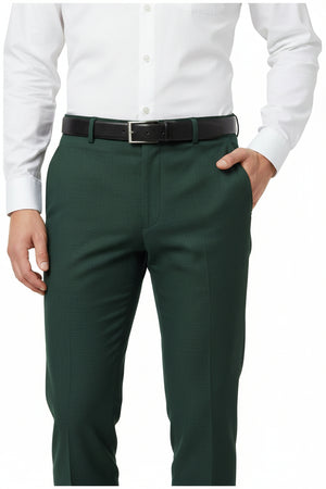 Seaweed green Raymond Polywool trousers and suiting fabric with Lycra stretch, shown in a close-up image of the fabric texture.