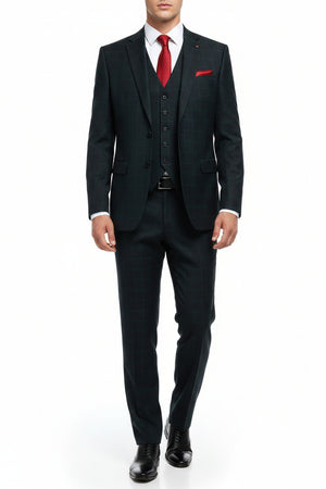 Raymond polywool trouser and suiting fabric in bottle green with check pattern, premium wool blend for tailored suits and trousers.