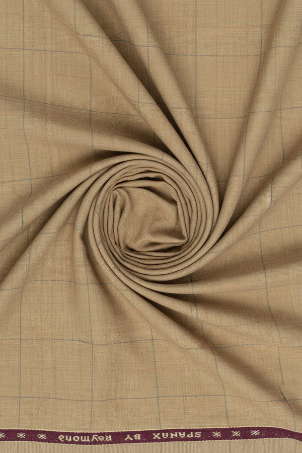 Beige Raymond Polywool Lycra stretchable trousers and suiting fabric, close-up of beige tan fabric with woven texture.