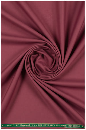 Raymond unstitched super 120’s polywool trousers and suiting fabric in maroon pink, detailed fabric texture and color.