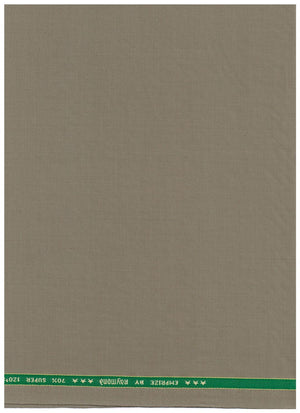 Raymond unstitched Super 120's polywool trousers and suiting fabric in olive khaki color, displayed flat for tailoring or sewing.