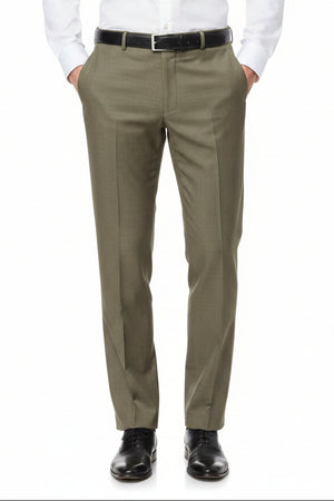 Raymond Super 120’s polywool trousers and suiting fabric in olive khaki color, showcasing the textured fabric and tailored fit.