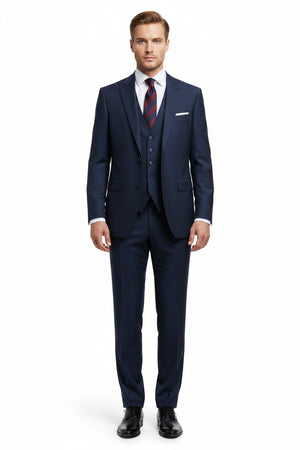 Raymond navy blue Super 100's poly wool trousers and suiting fabric, showcasing a smooth, high-quality textile for men's formal wear