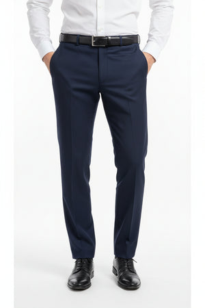 Navy blue Raymond Super 100's poly wool trousers and suiting fabric, tailored for formal wear, displayed on a flat surface.