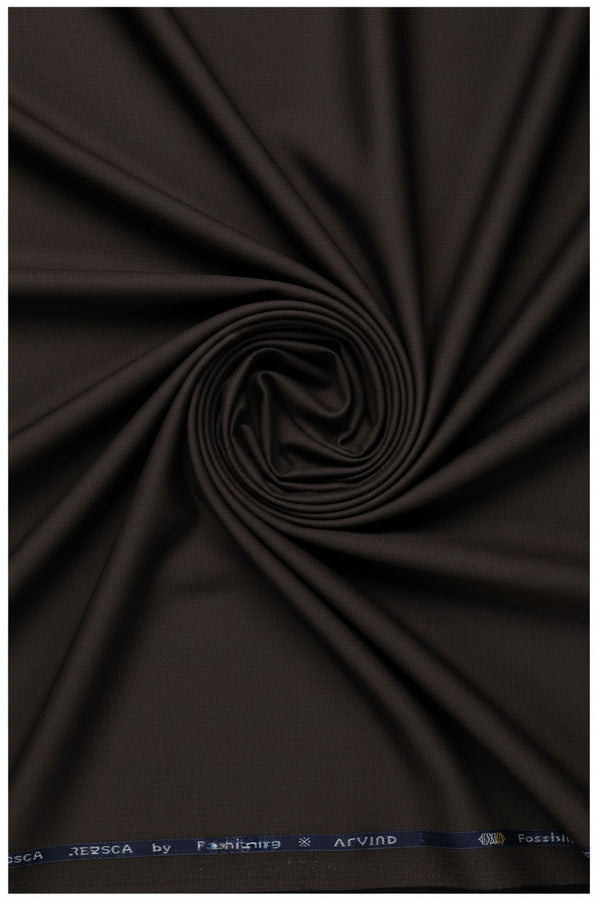 Stretchable Arvind Lycra suiting fabric in licorice brown, showing the soft textured fabric suitable for tailored garments.