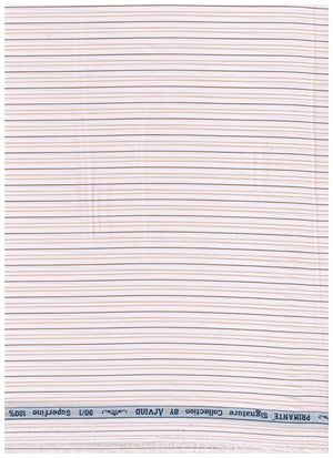 Brown pinstripes on white Primante cotton shirting fabric by Arvind, showcasing luxurious unstitched fabric for tailored shirts.