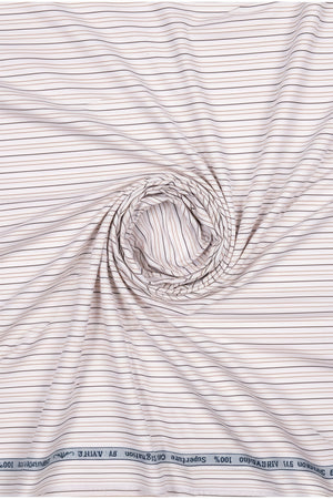 Primante Cotton Shirting Fabric by Arvind with brown pinstripes on white, showcasing luxurious unstitched shirting material.