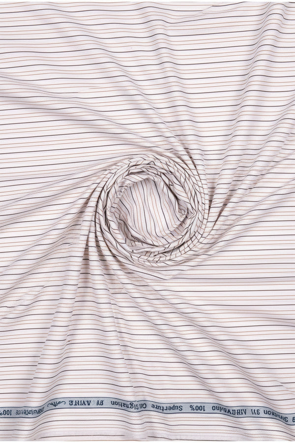 Brown pinstripe cotton shirting fabric from Arvind Primante, featuring white cotton fabric with vertical brown pinstripes.