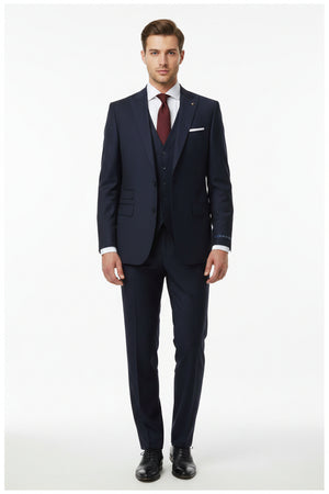 Navy blue Arvind cotton Lycra trouser and suiting fabric, textured textile with subtle weave pattern, ideal for tailored garments.