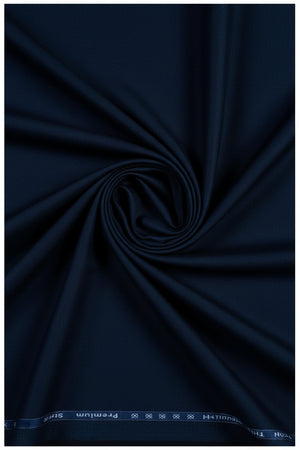 Navy blue Arvind Cotton Lycra trouser and suiting fabric with a smooth texture and subtle sheen, ideal for tailored garments.