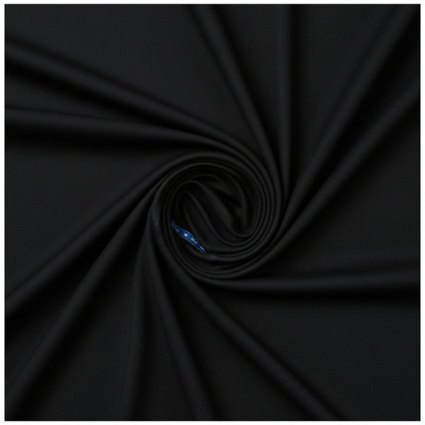 Black Raymond poly wool suiting fabric with Lycra stretch, showing a close-up of the textured fabric surface.