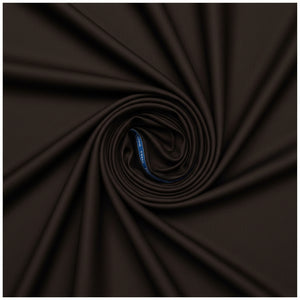 Raymond poly wool trousers and suiting fabric in dark coffee with Lycra stretch, shown in close-up detail.