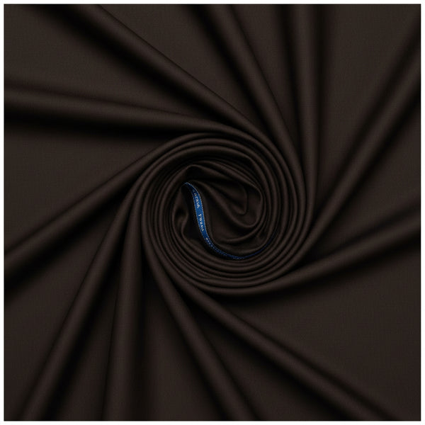 Raymond poly wool trousers and suiting fabric in dark coffee with Lycra stretch, shown in close-up detail.