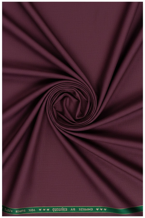Raymond Super 120’s poly wool suiting fabric in wine color, premium wool blend textile for tailored suits and formal wear.